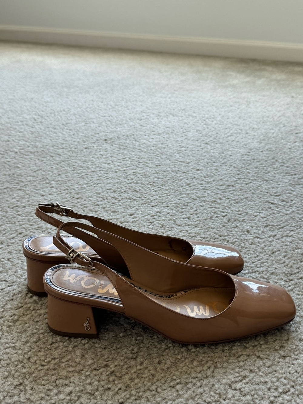 Sam Edelman Patent Slingback Block Heel Pumps in Beige